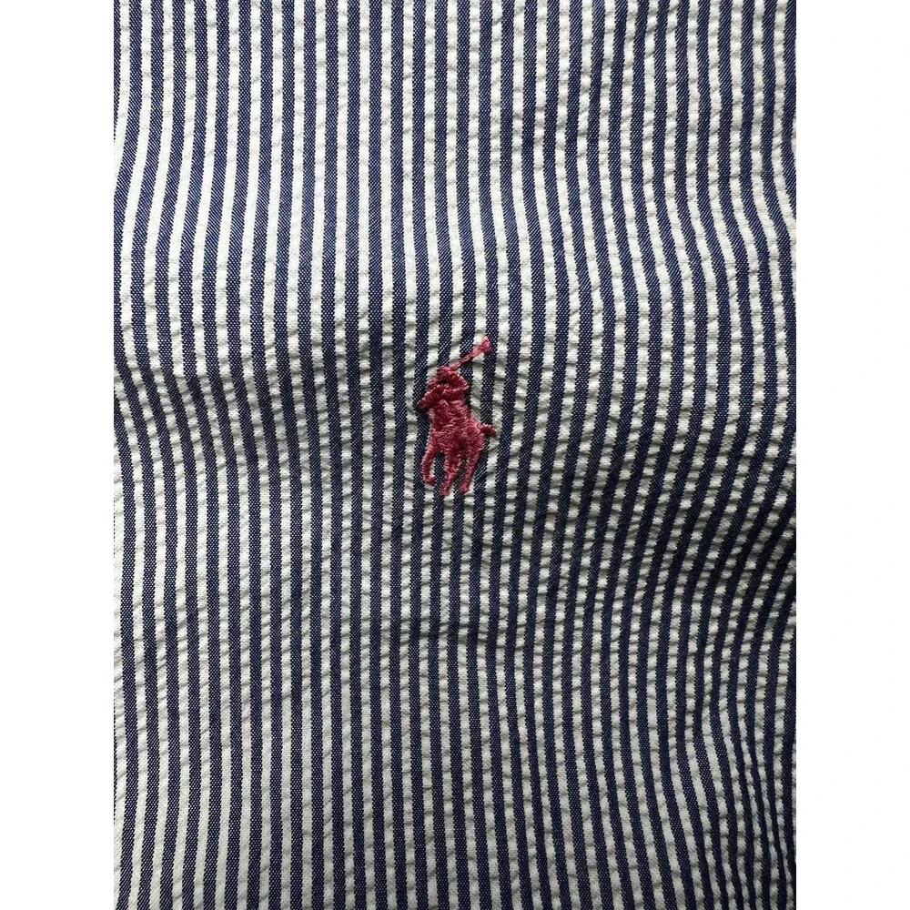 Ralph Lauren Shirt Mens XL‎ Blue White Stripe Seersucker Short Sleeve Pink Pony